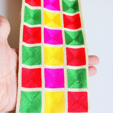 Beige Trim With Green, Pink, Red And Yellow Square Pattern Thread Trim